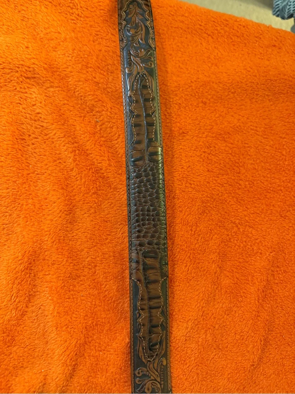 Tony Lama Western Leather Belt Size 42 Tooled Brown Silver Star Buckle EUC